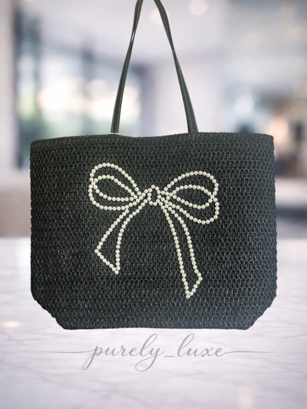 Black Woven Tote Bag with Pearl Bow Accent